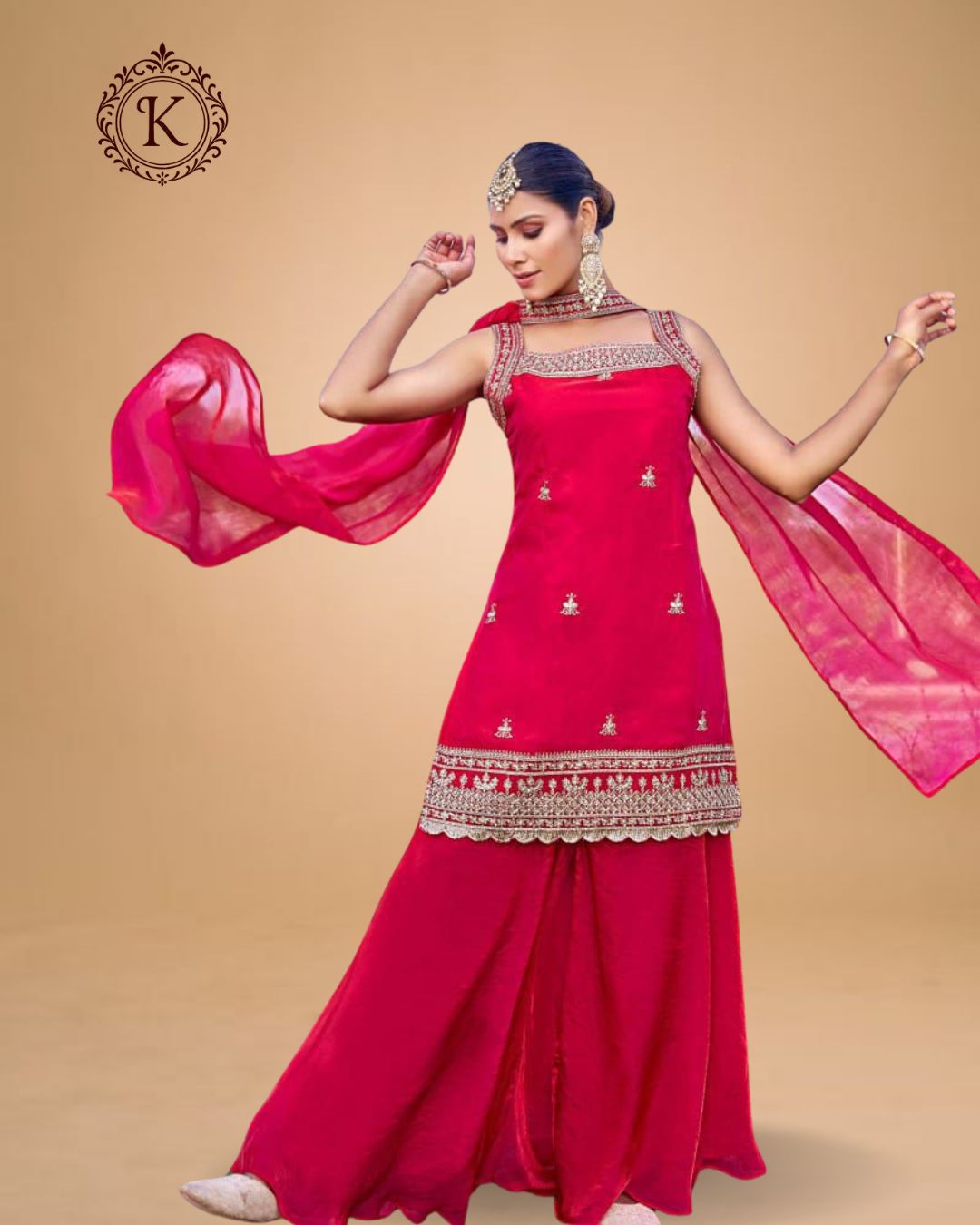 Raspberry Red Hand-Embroidered Festive Suit