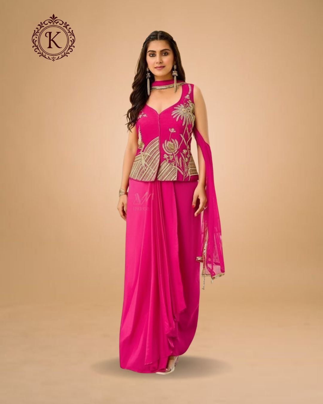 Indo Western Hot Pink Drape Set