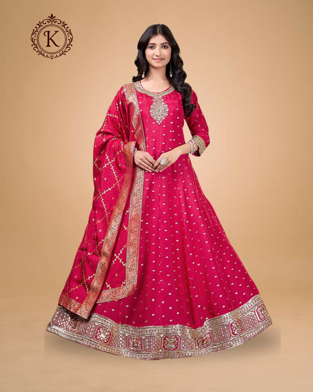 Magenta Mirror Work Anarkali Gown
