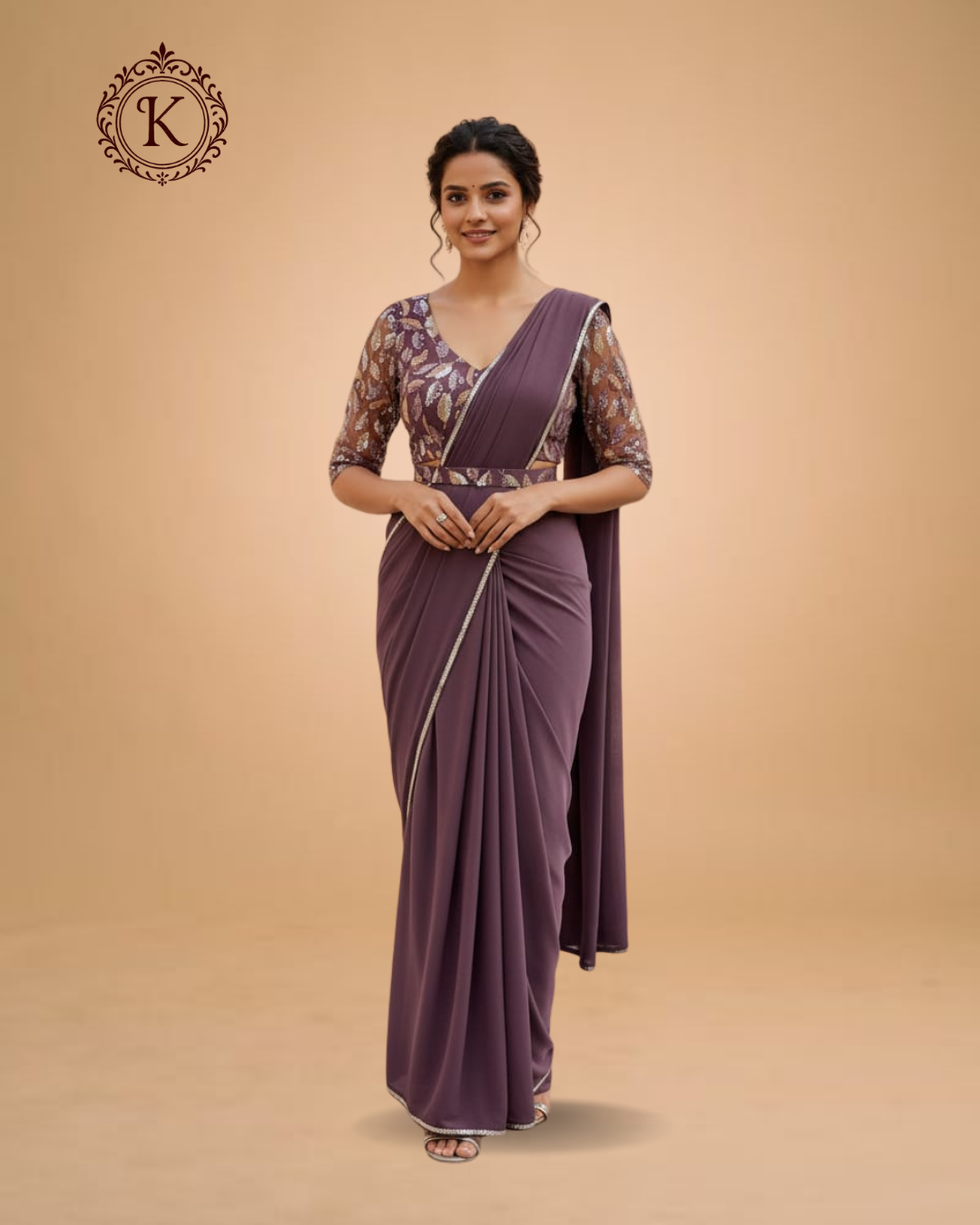 Plum Saree with Metallic Leaf Embroidered Blouse