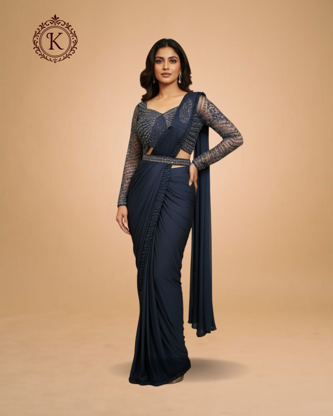 Navy Blue Saree with Sheer Sequin Blouse