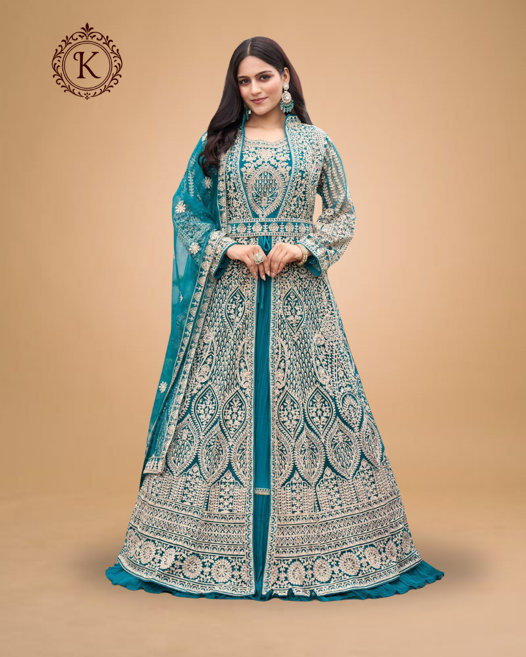 Teal Blue Ornate Embroidered Anarkali Gown