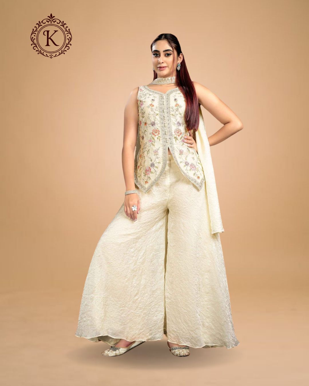 Indo Western Ivory Textured Jacket Palazzo Set