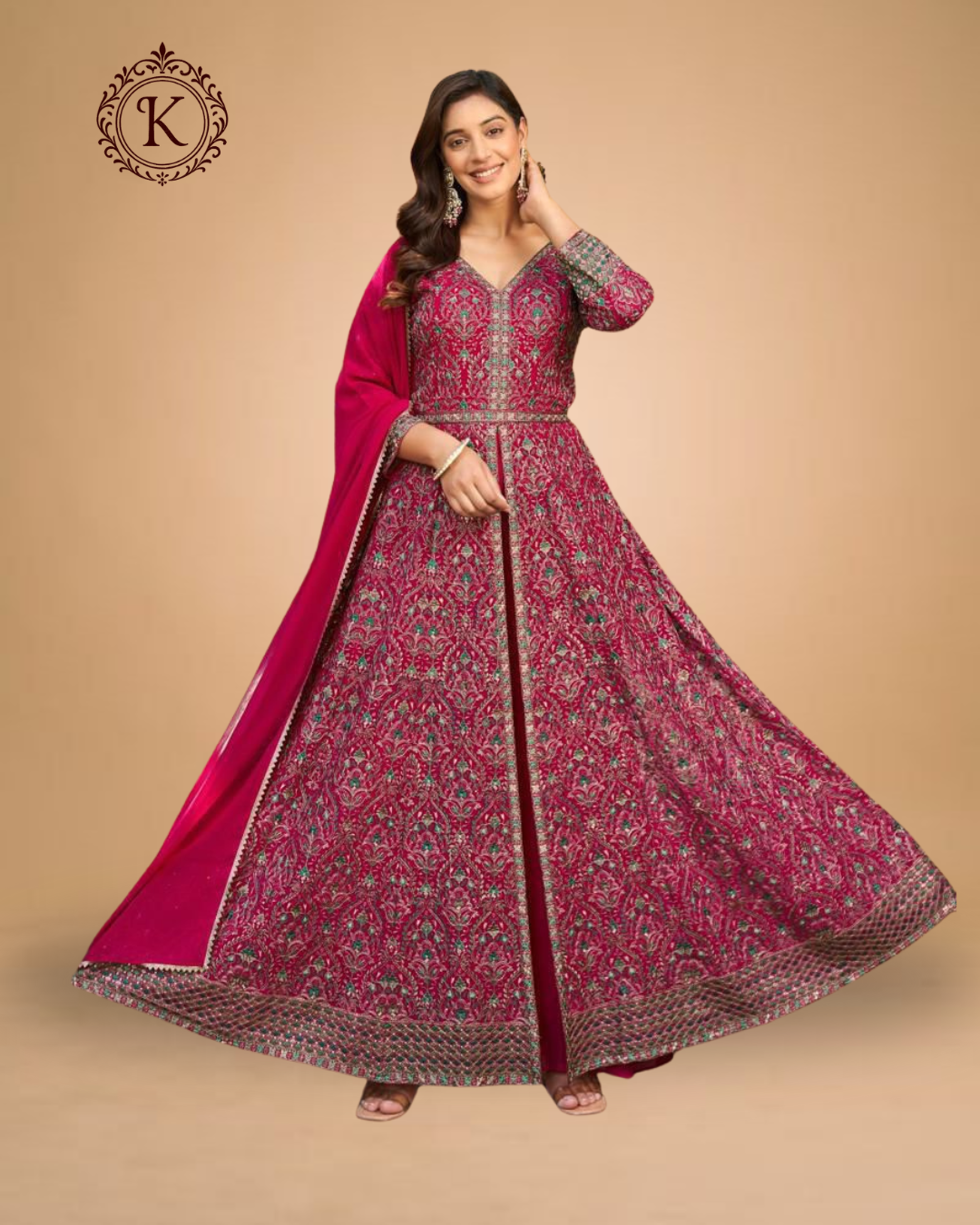 Magenta Floral & Vine Embroidered Anarkali Gown