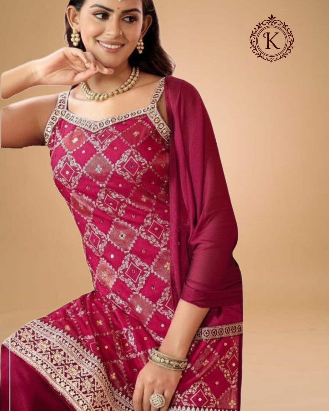 Wine Pink Geometric Embroidered Suit