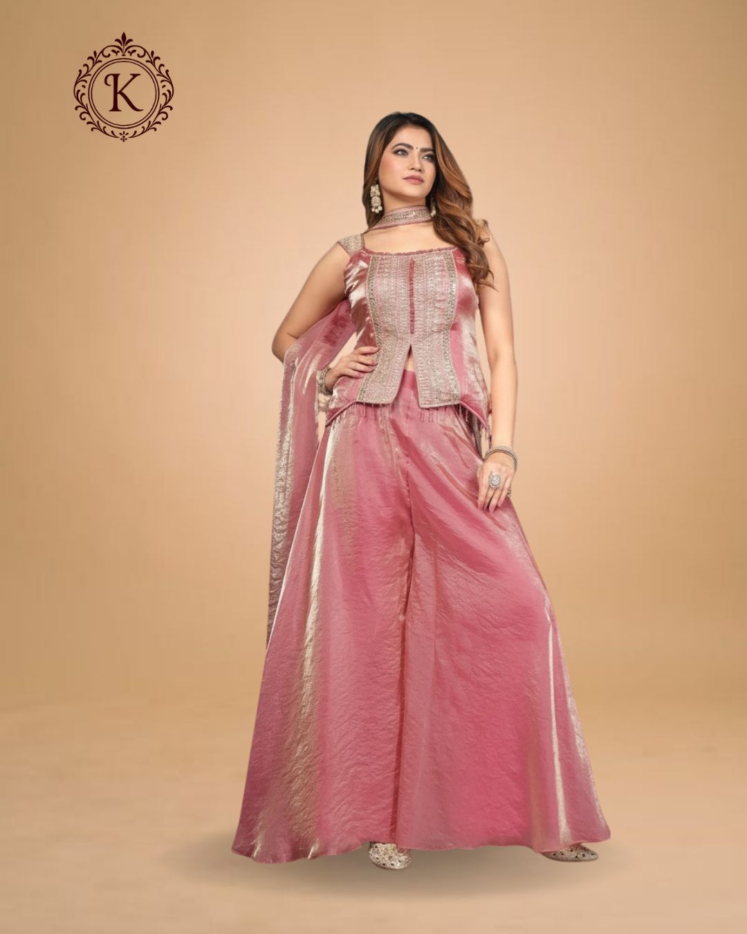 Indo Western Metallic Rose Embroidered Jacket Palazzo Set