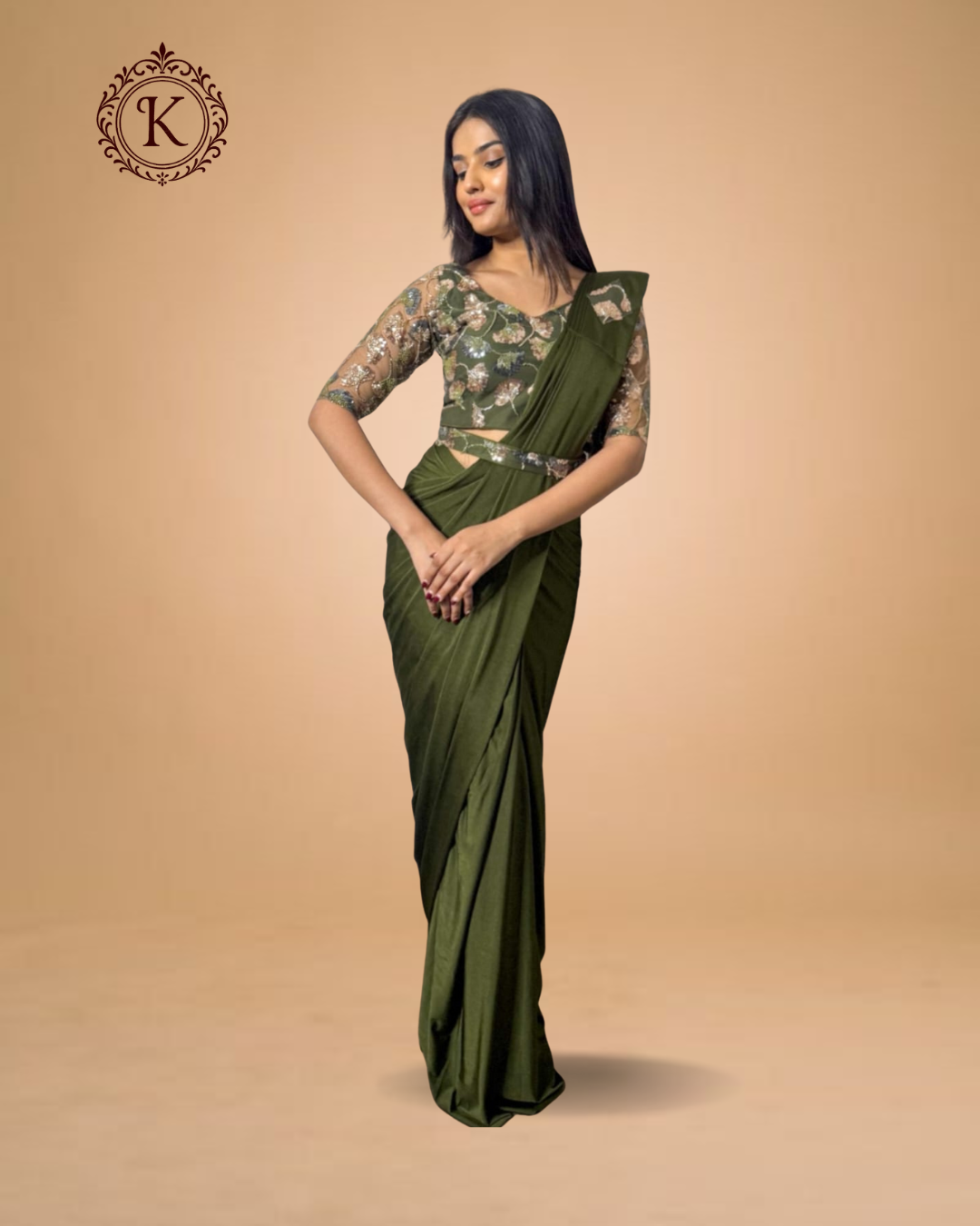 Olive Green Saree with Metallic Floral Blouse