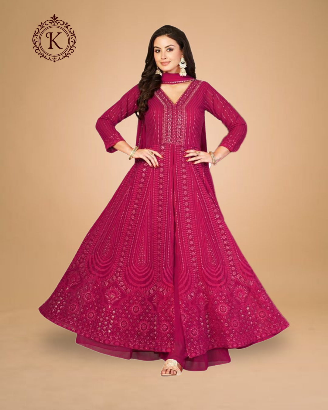 Wine Pink Geometric Embroidered Anarkali