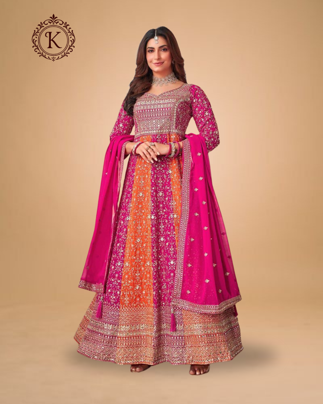 Pink-Orange Embroidered Anarkali Gown