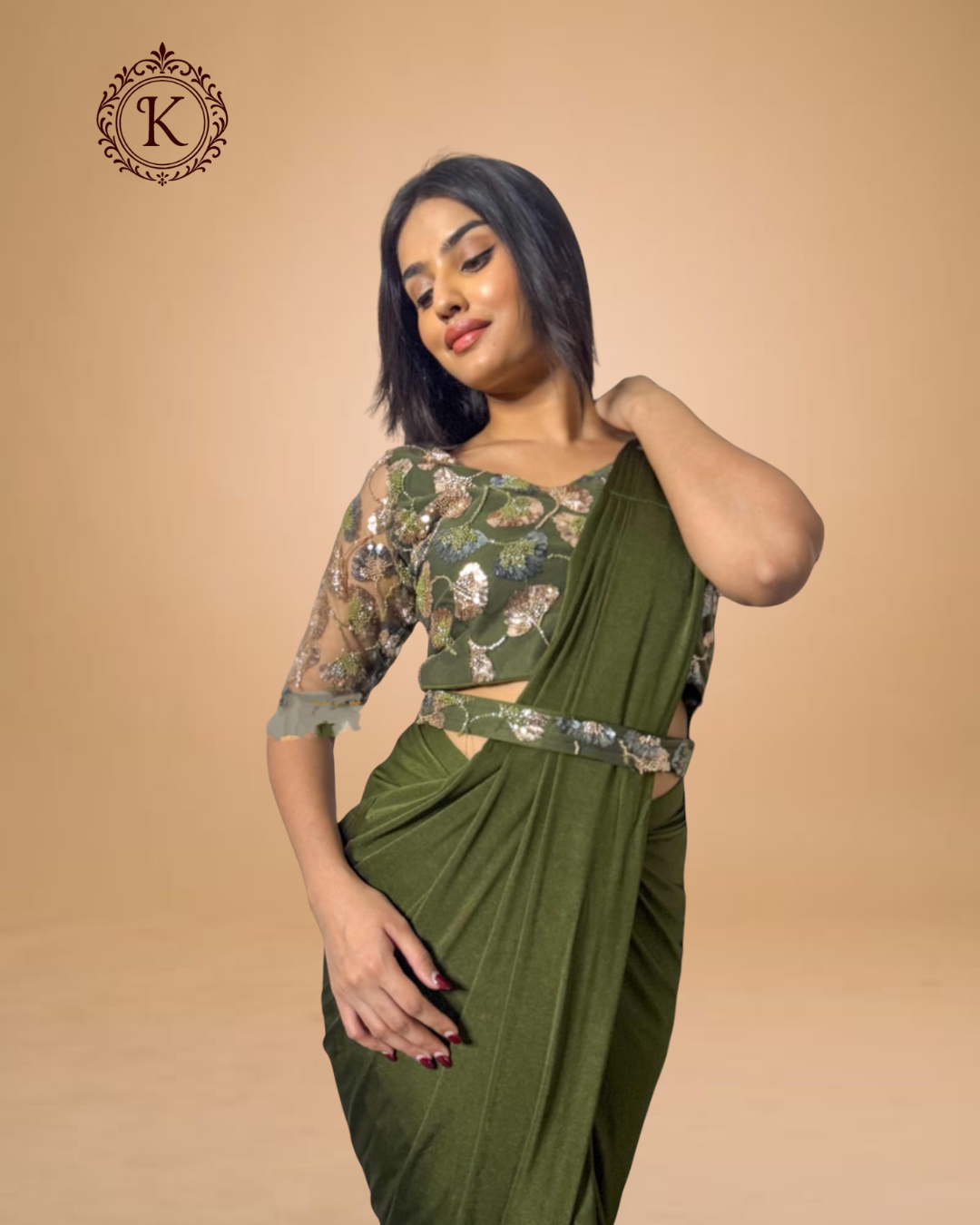 Olive Green Saree with Metallic Floral Blouse