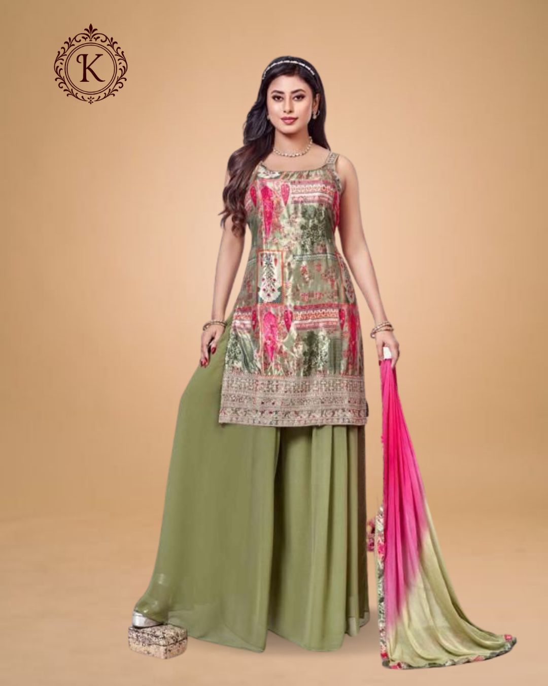 Olive Green and Multicolor Block Print Suit