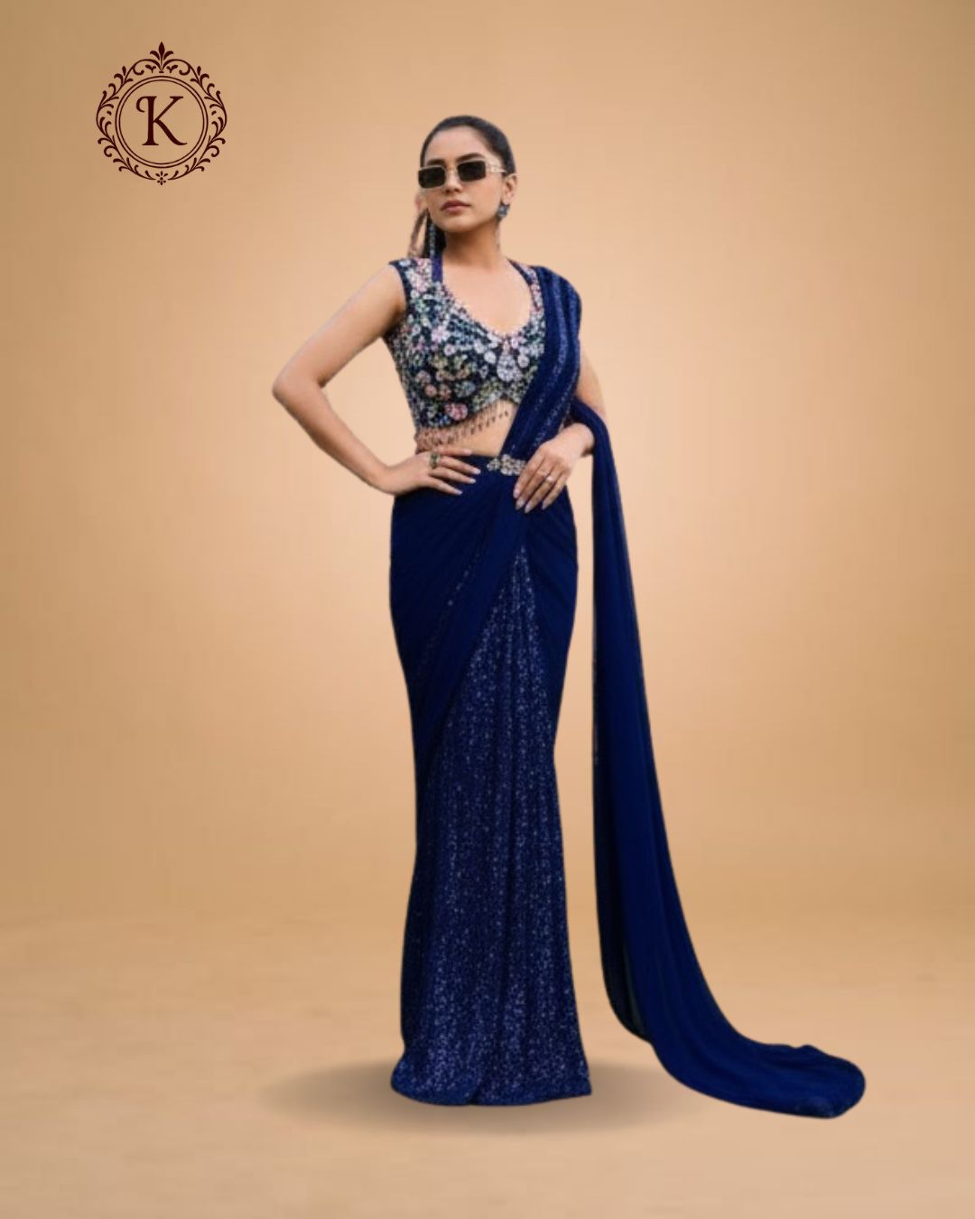 Indo Western Navy Blue Sequin Saree Gown