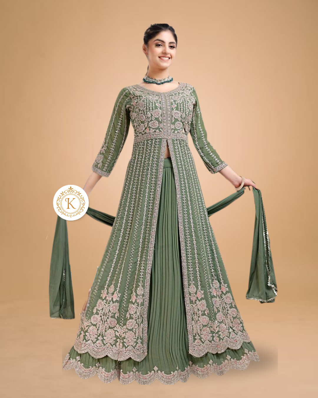 Sage Green Floral Embroidered Floor-Length Gown