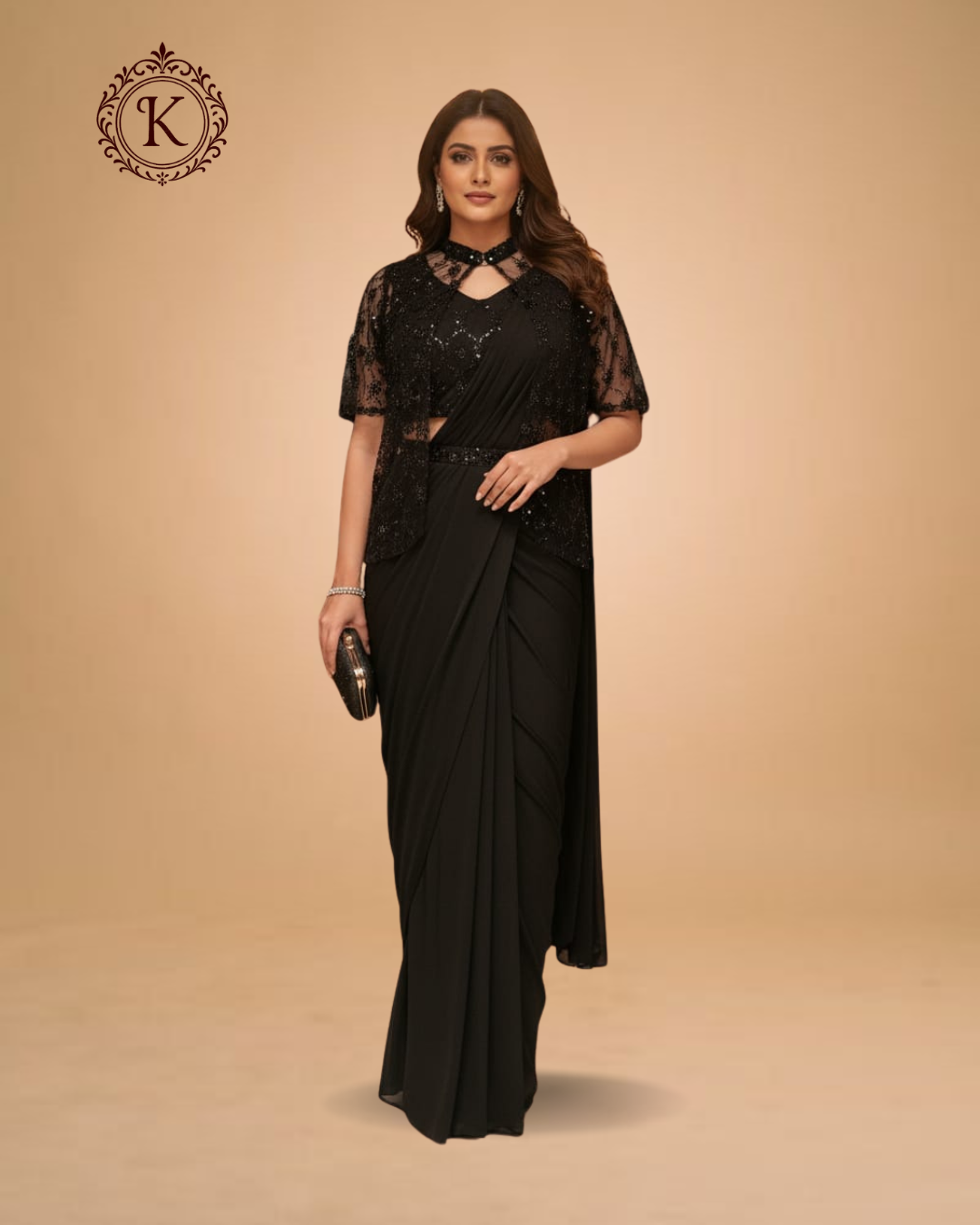 Black Saree with Sequin Cape Blouse