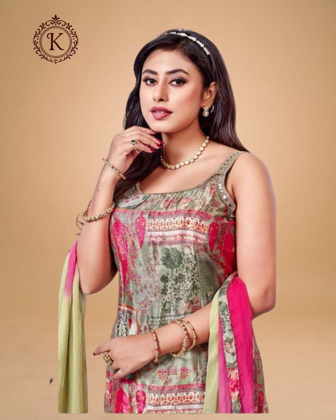 Olive Green and Multicolor Block Print Suit