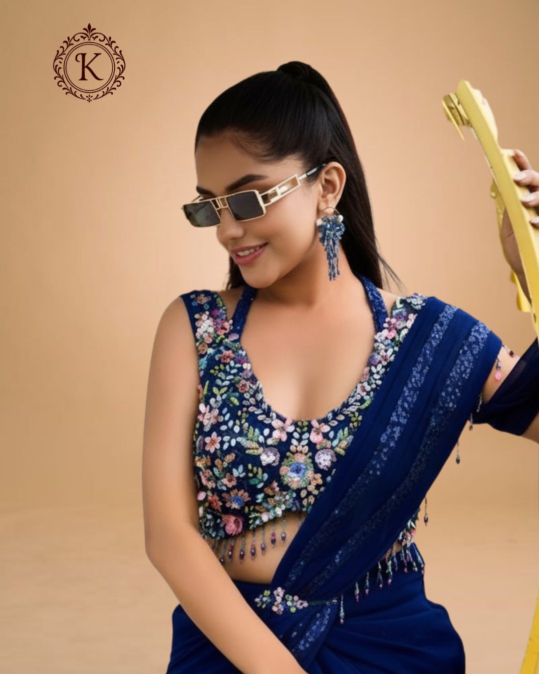 Indo Western Navy Blue Sequin Saree Gown