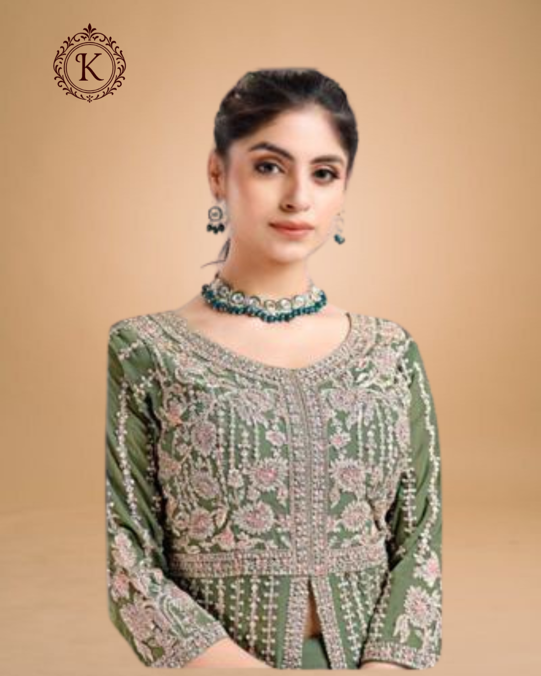 Sage Green Floral Embroidered Floor-Length Gown