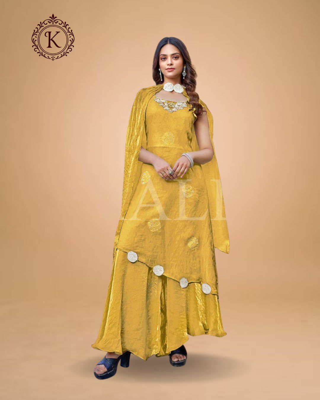 Indo Western Mustard Yellow Palazzo Set