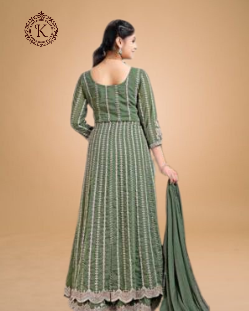 Sage Green Floral Embroidered Floor-Length Gown
