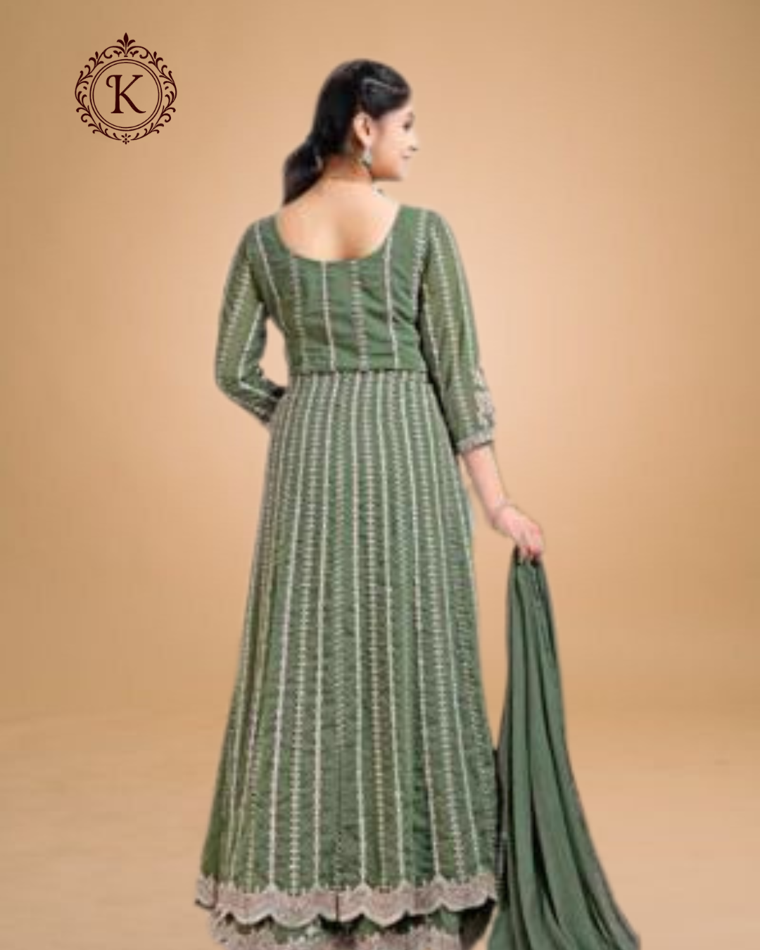 Sage Green Floral Embroidered Floor-Length Gown