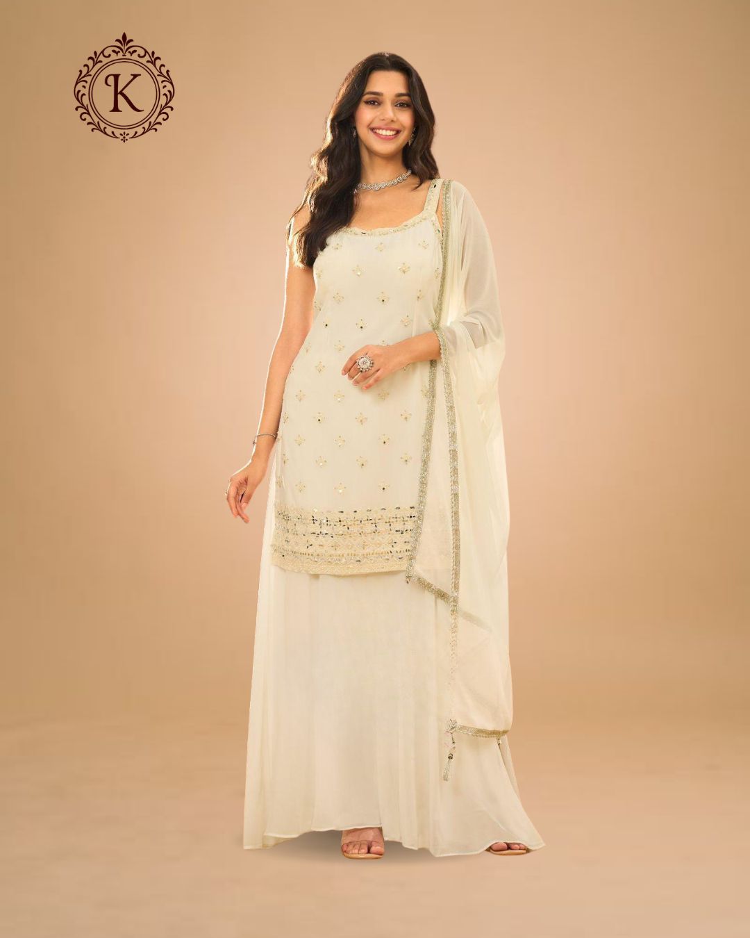 Ivory Gold Embroidered Palazzo Suit