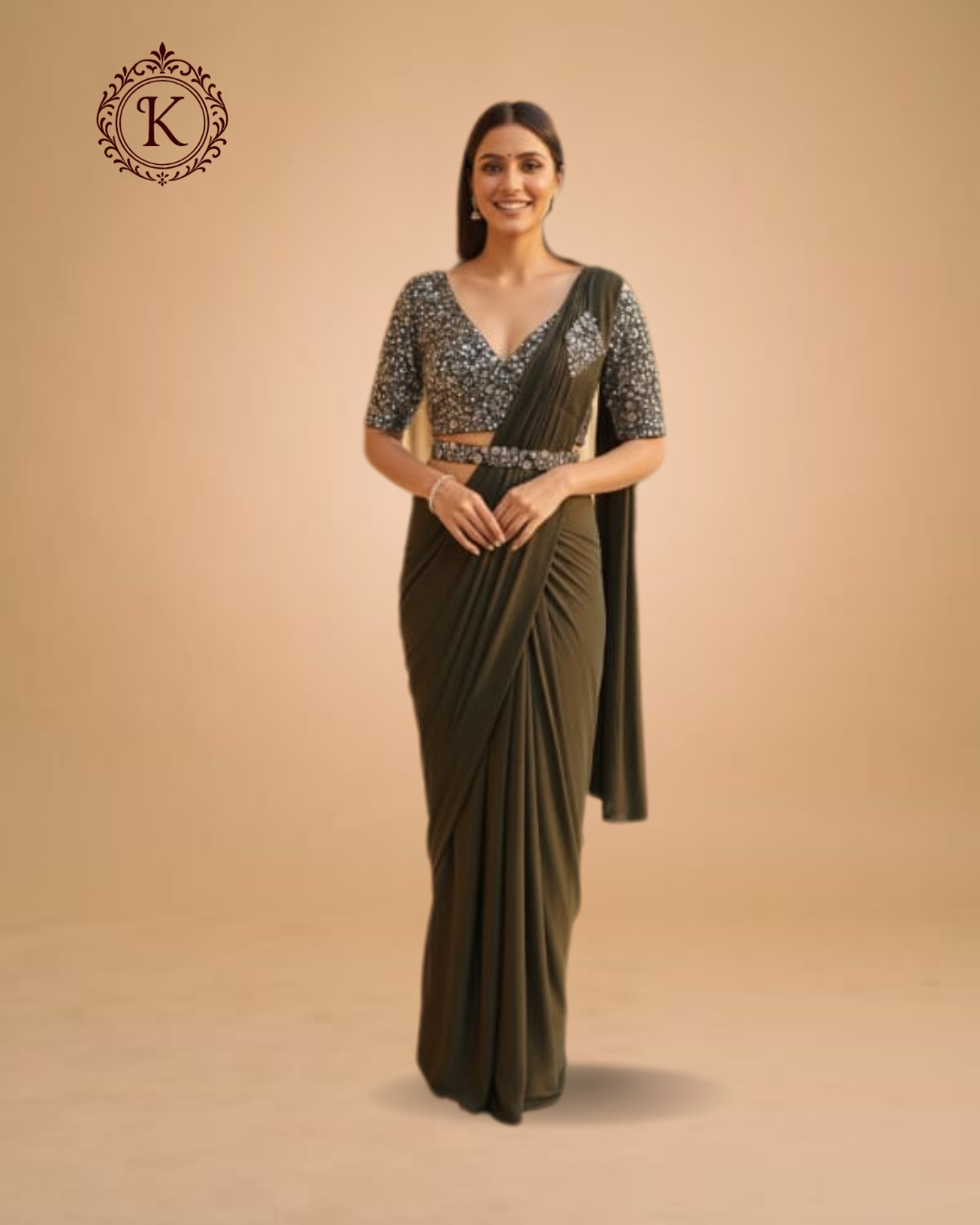 Olive Green Sequin Embroidered Saree