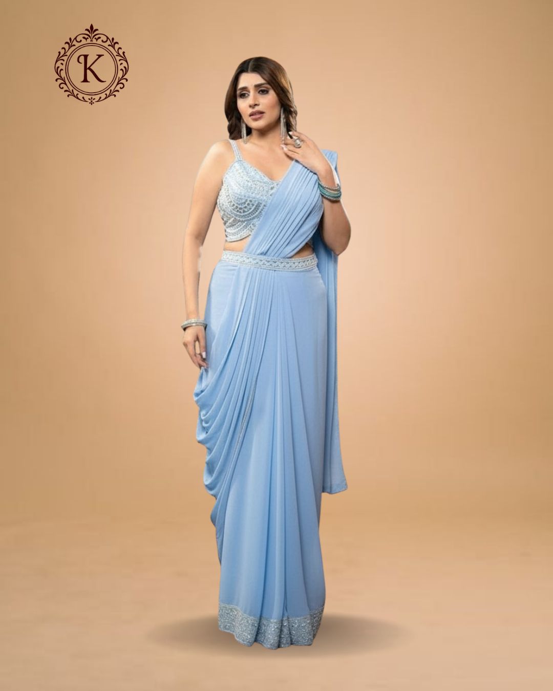 Indo Western Powder Blue Beaded Saree Gown