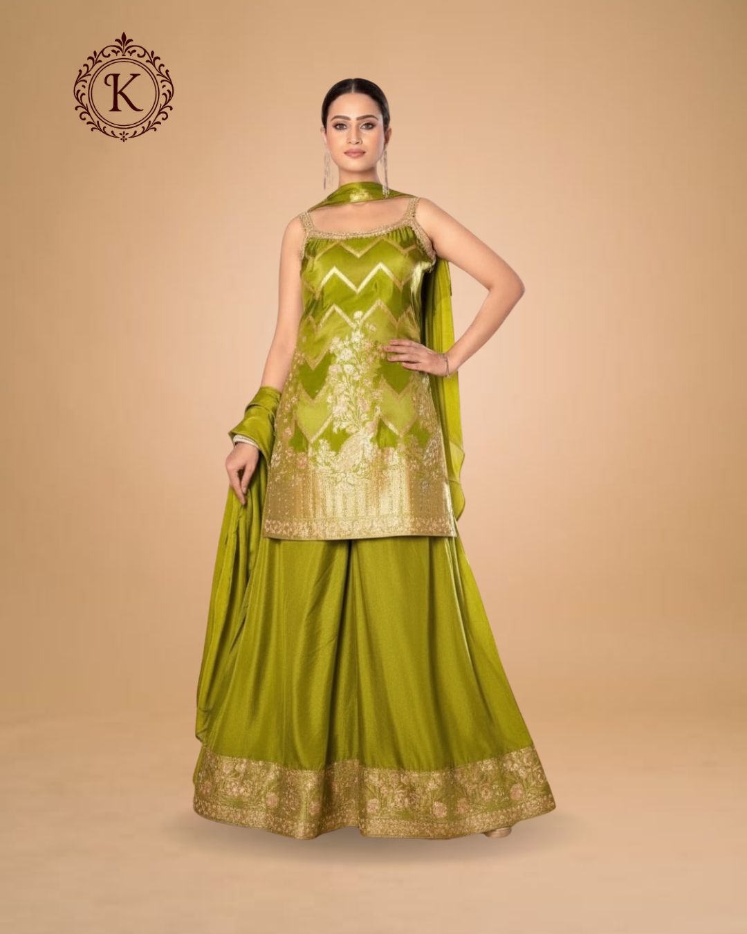 Chartreuse Green Chevron Foil Palazzo Suit