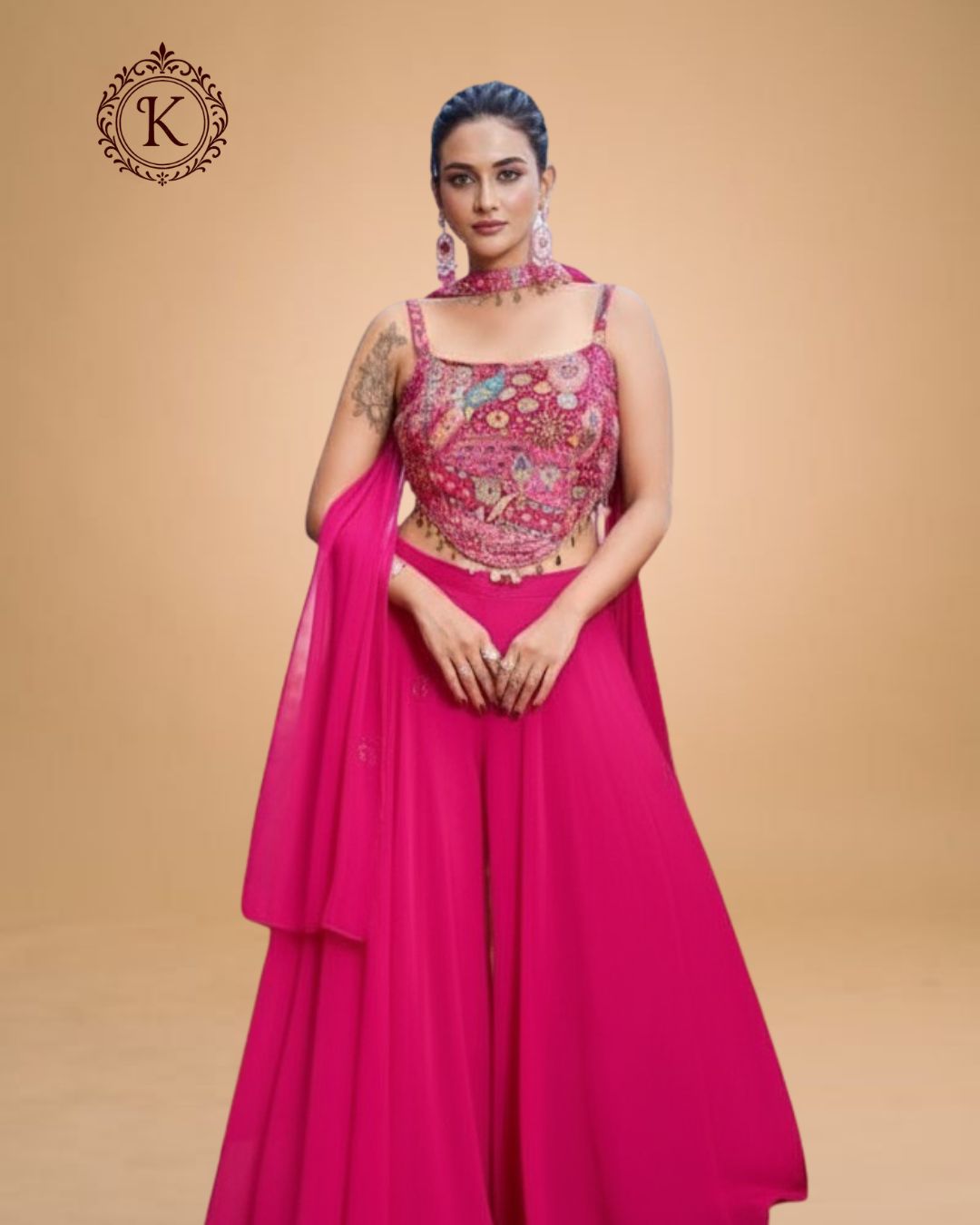 Indo Western Fuchsia Palazzo Fusion Set