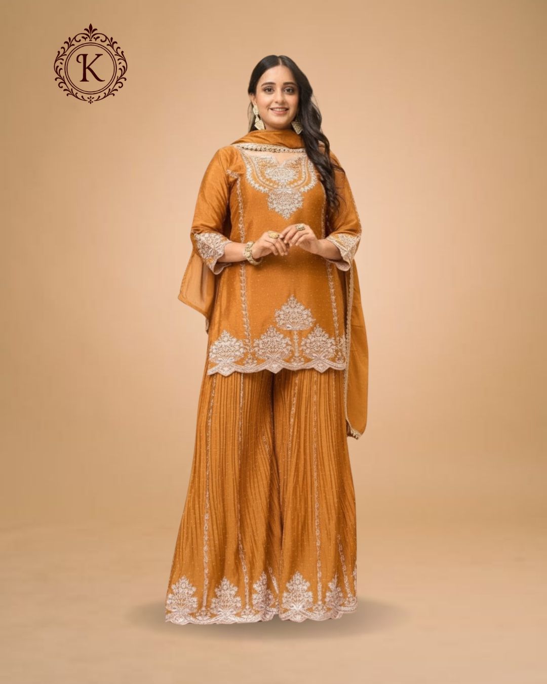 Mustard Gold Threadwork Palazzo Suit