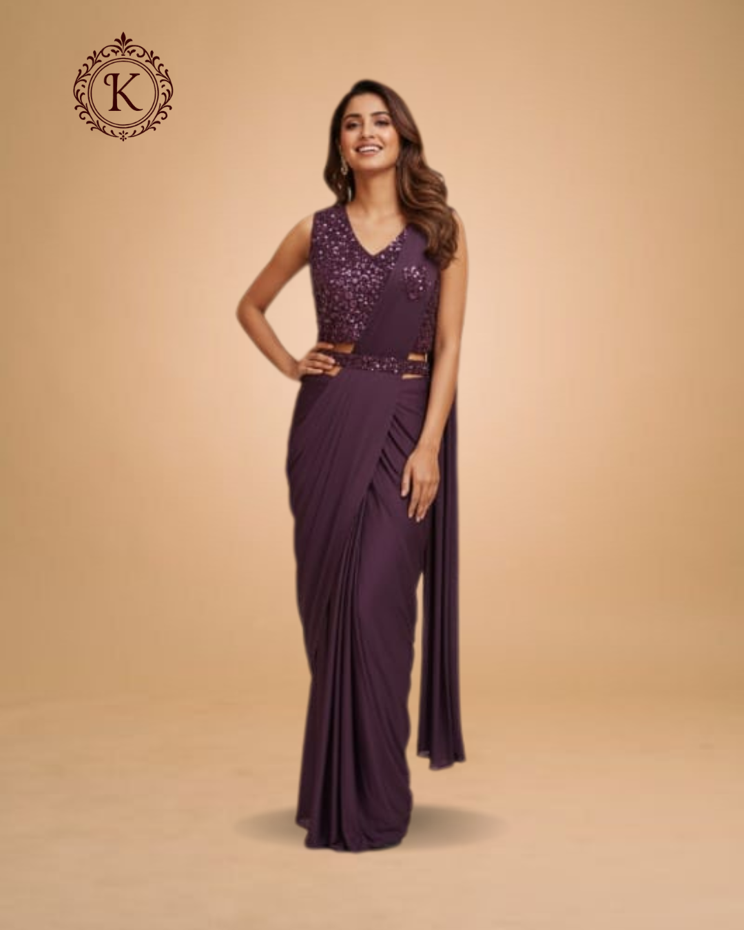 Plum Sequin Embroidered Saree