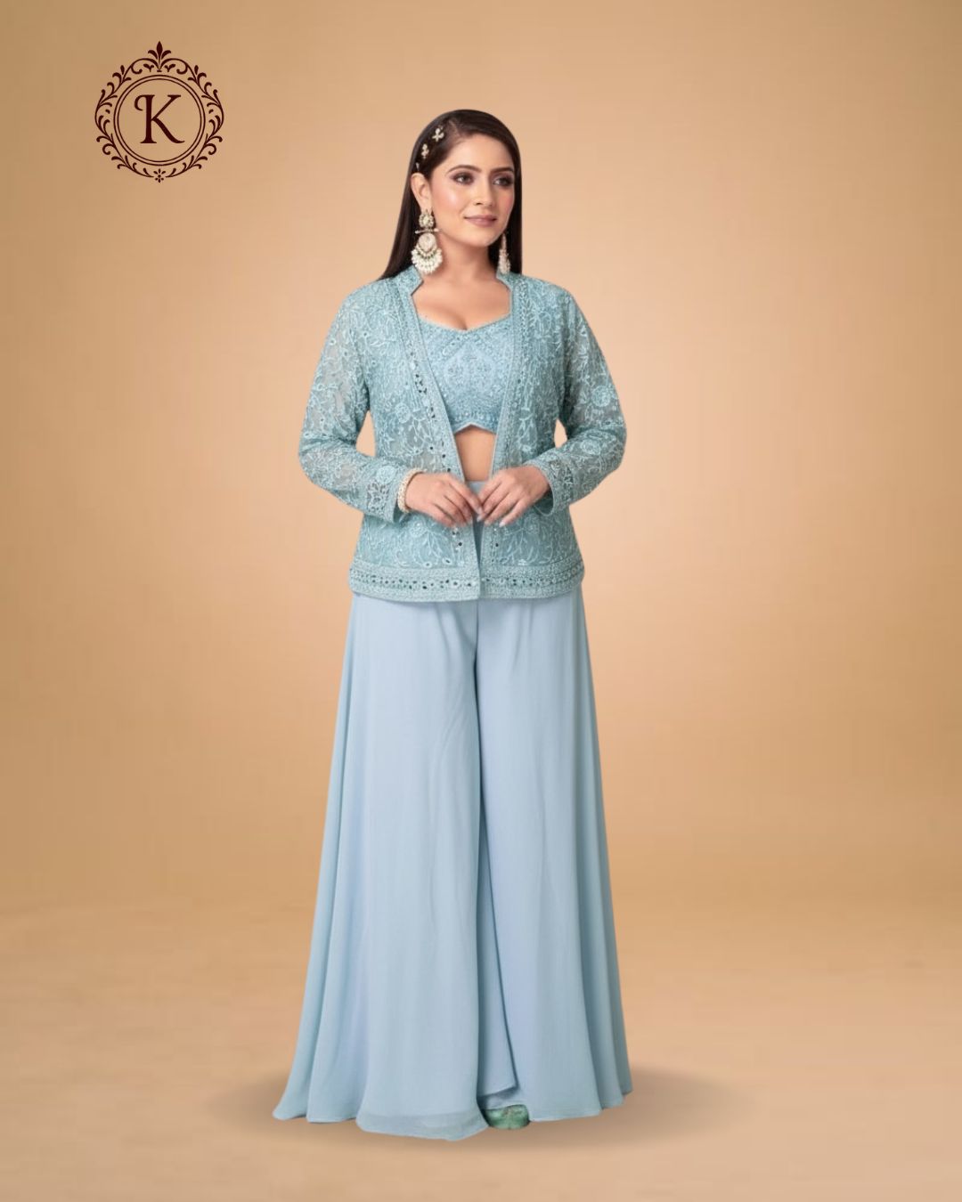Indo Western Powder Blue Lace Jacket Set