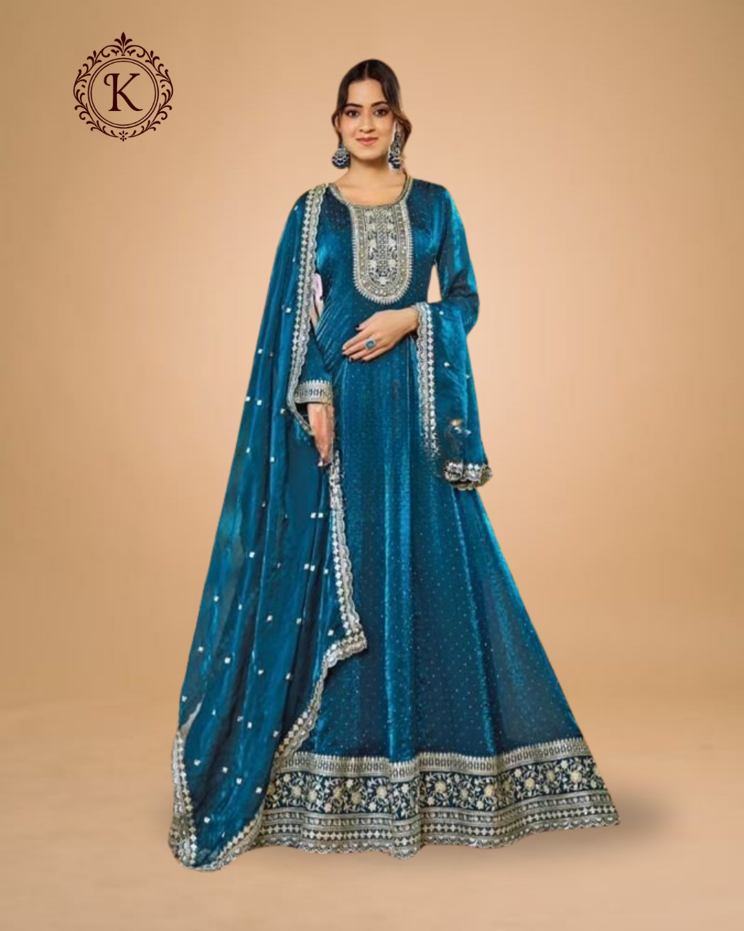 Blue Velvet Mirror Embroidered Anarkali Gown with Dupatta