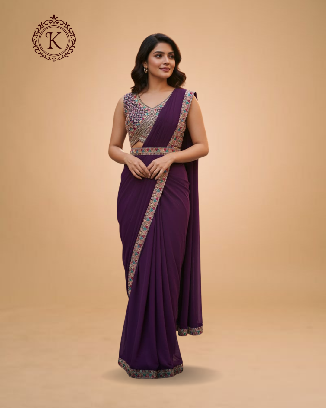 Purple Saree with Multicolor Embroidered Border