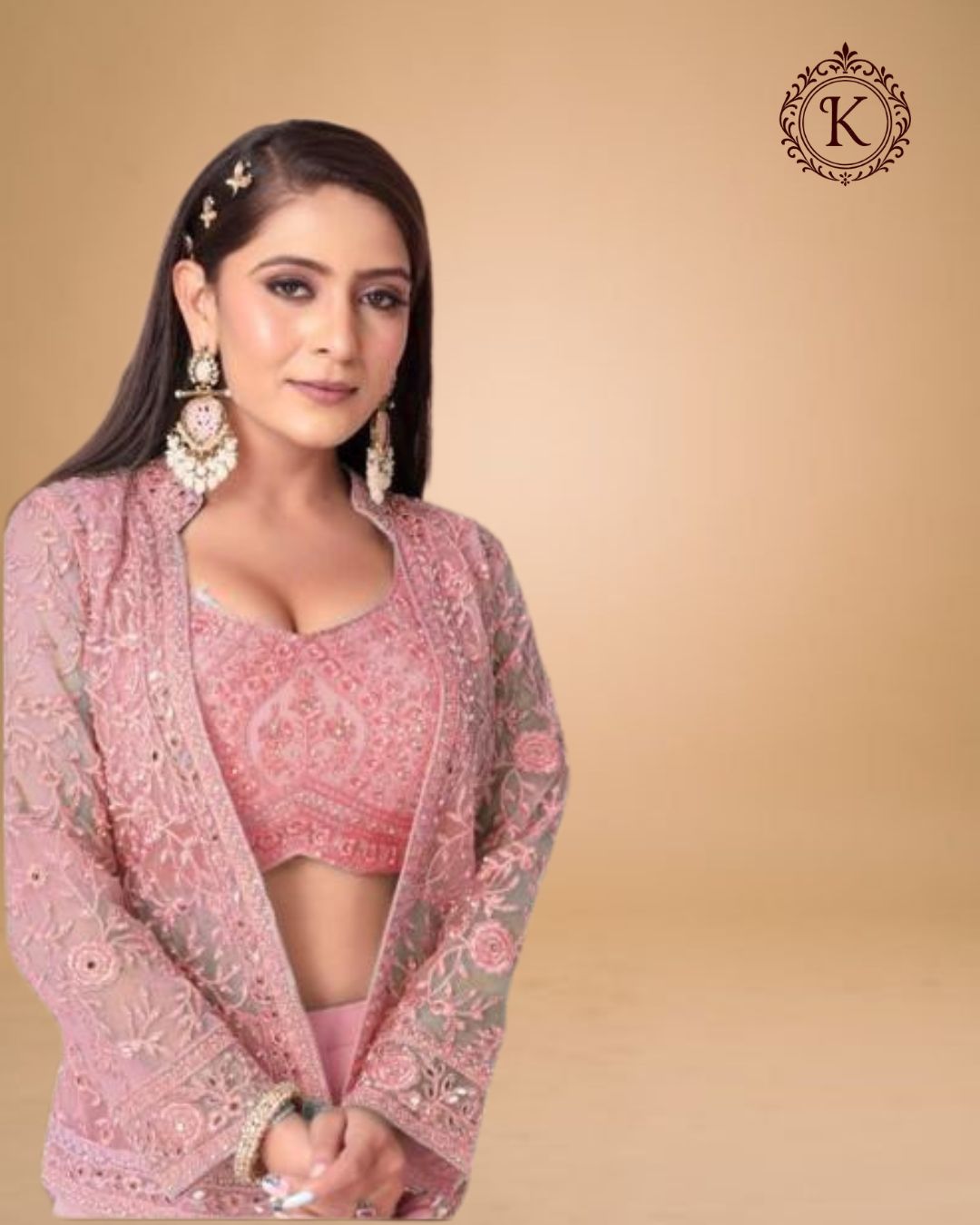 Indo Western Blush Pink Lace Jacket Set