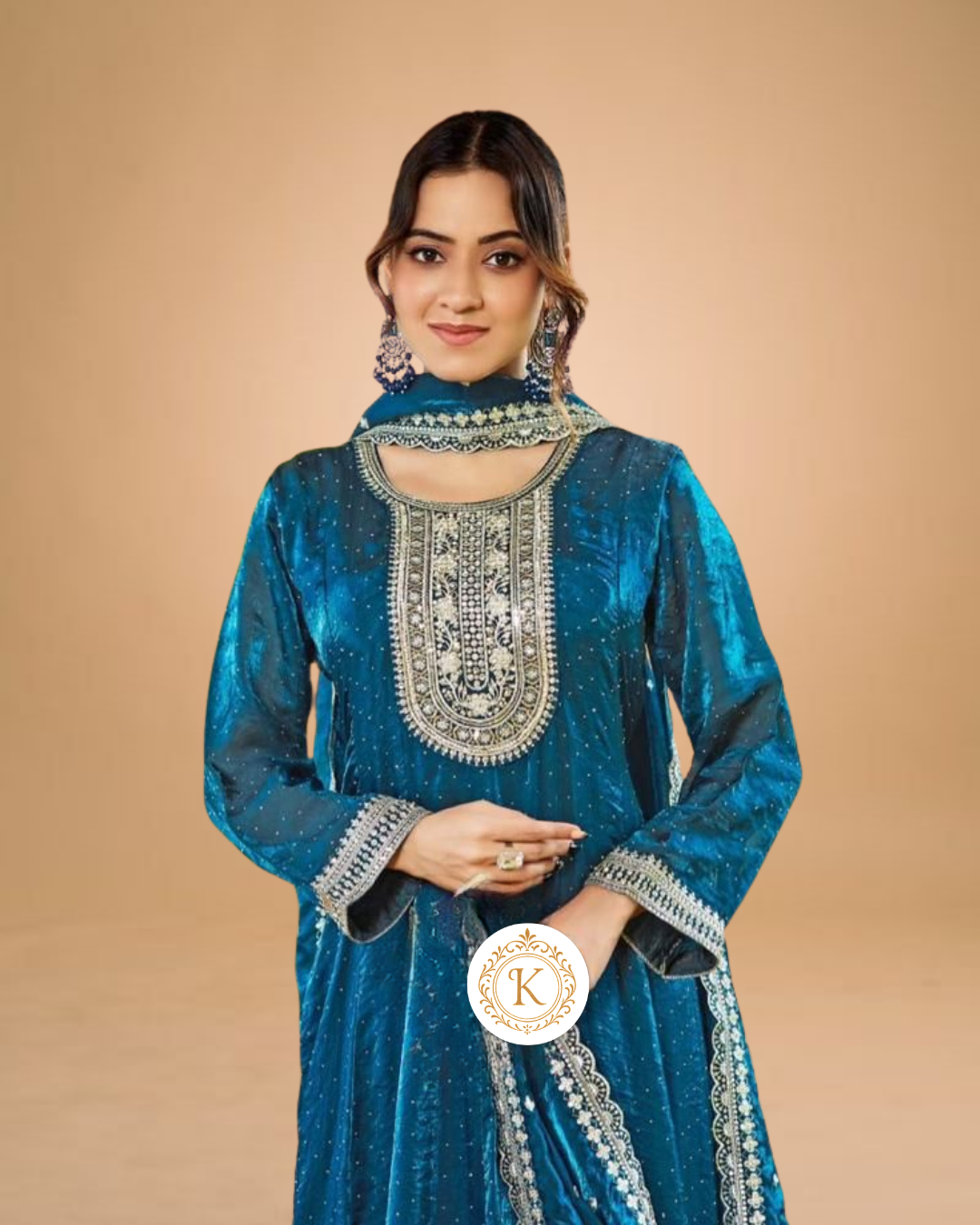 Blue Velvet Mirror Embroidered Anarkali Gown with Dupatta