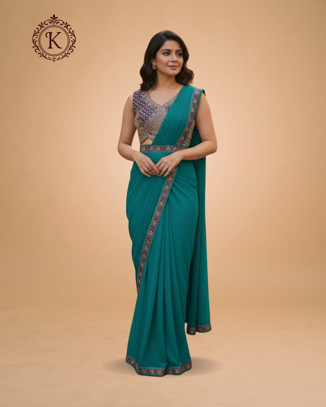 Teal Saree with Multicolor Embroidered Border