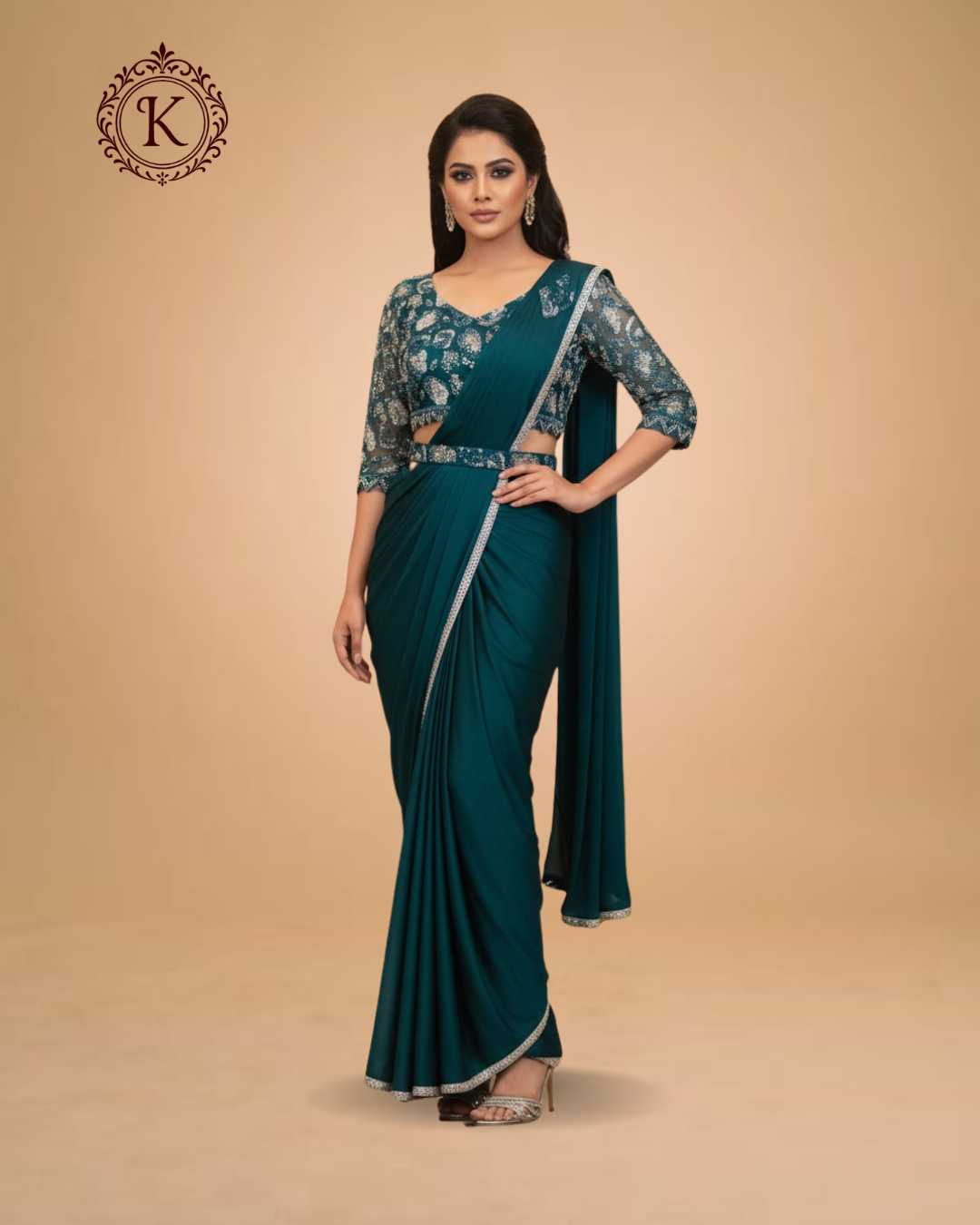 Teal Saree with Silver Floral Embroidered Blouse