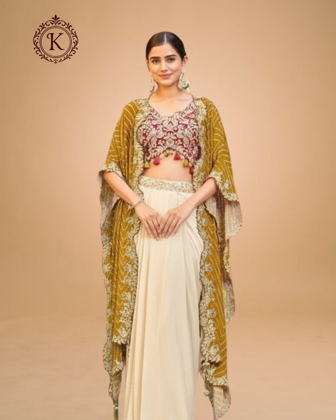 Indo Western Antique Mustard Embroidered Cape Set