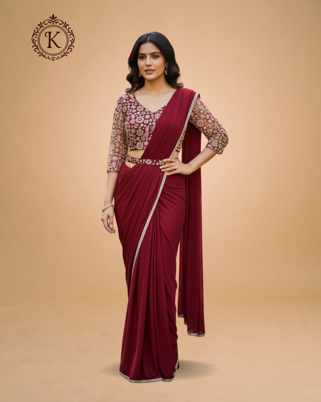 Maroon Saree with Metallic Floral Embroidered Blouse