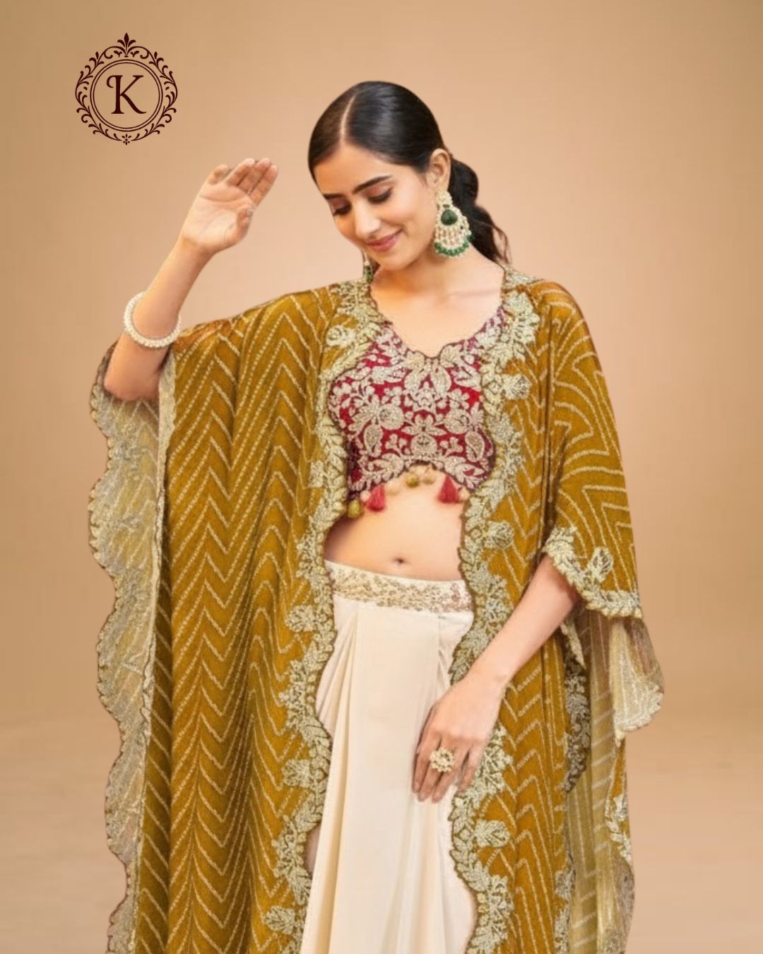 Indo Western Antique Mustard Embroidered Cape Set