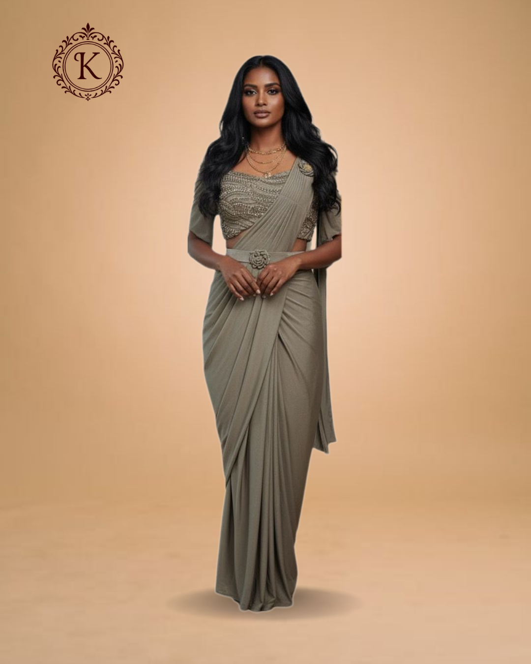 Olive Taupe Designer Drape Saree