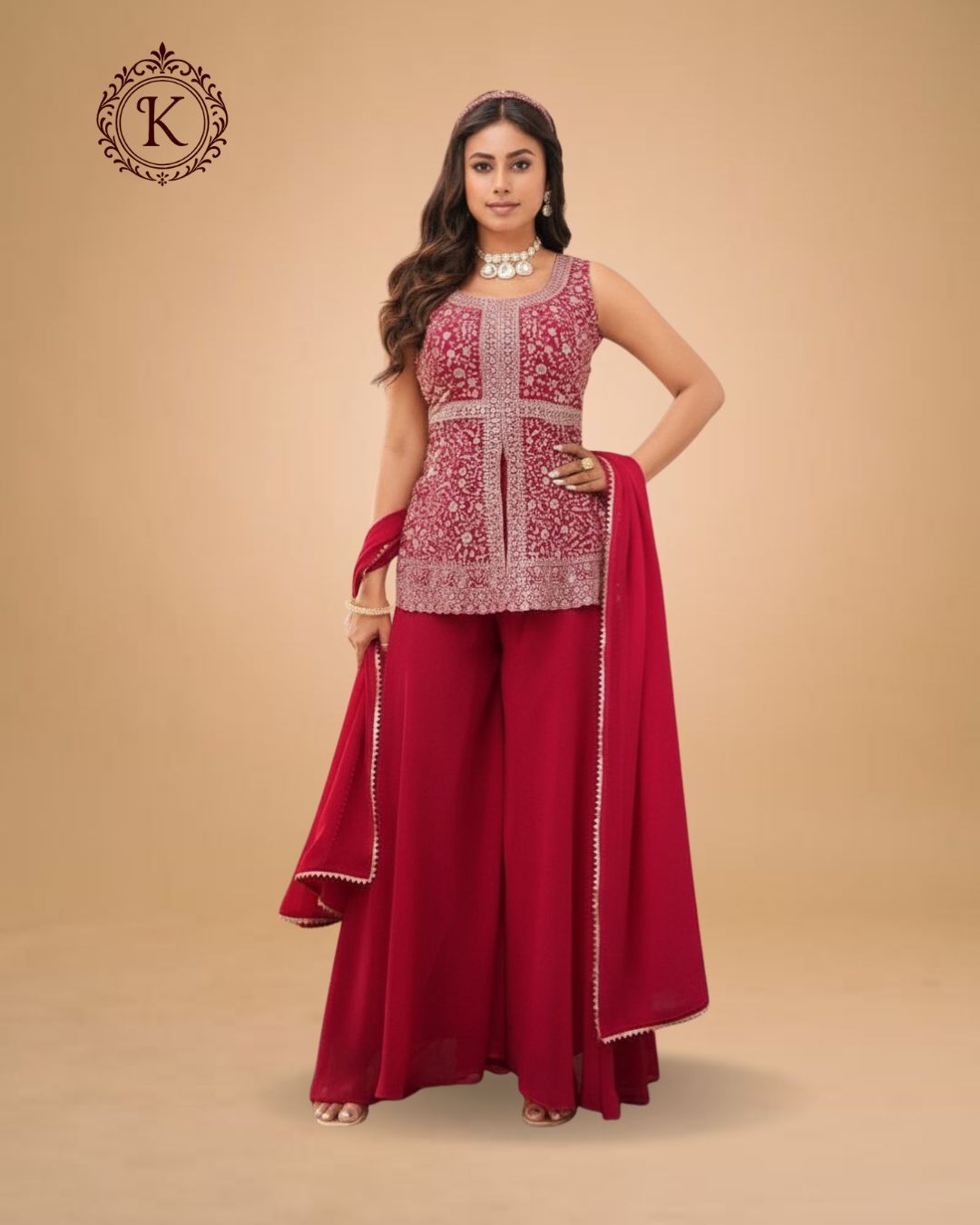 Crimson Embroidered Georgette Palazzo Suit