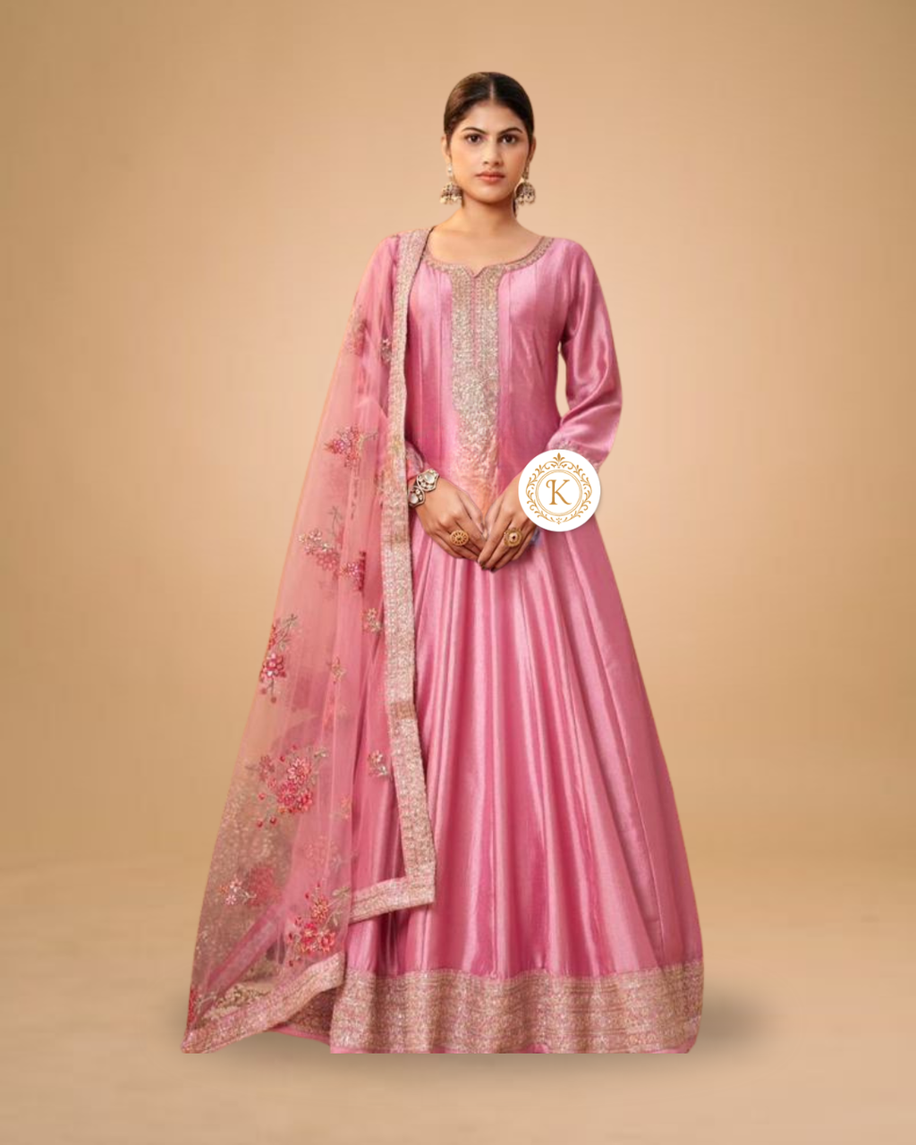 Dusty Rose Silk Embroidered Anarkali Set