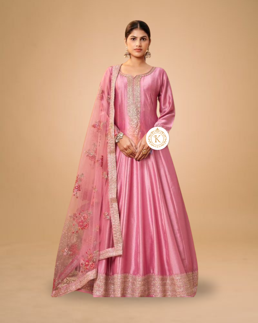 Dusty Rose Silk Embroidered Anarkali Set