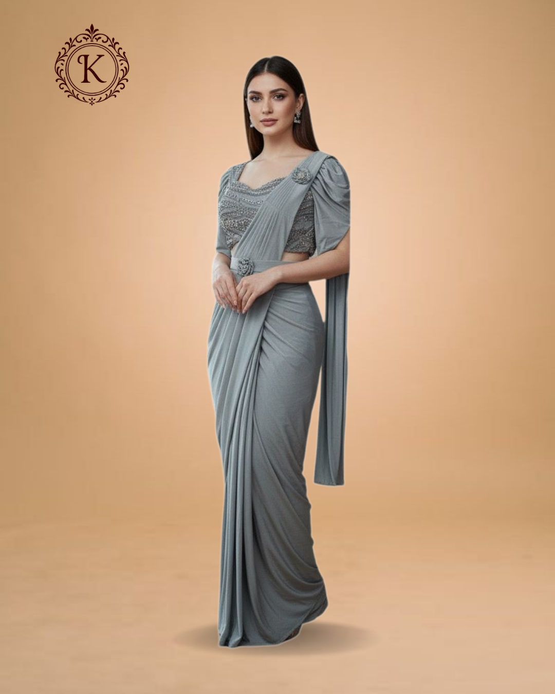Steel Grey Designer Drape Saree