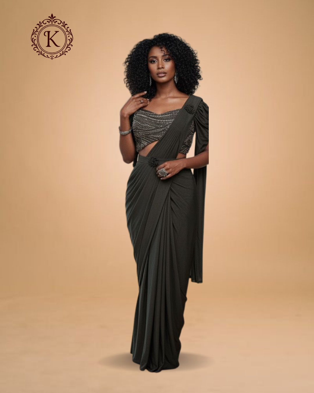 Deep Charcoal Designer Drape Saree