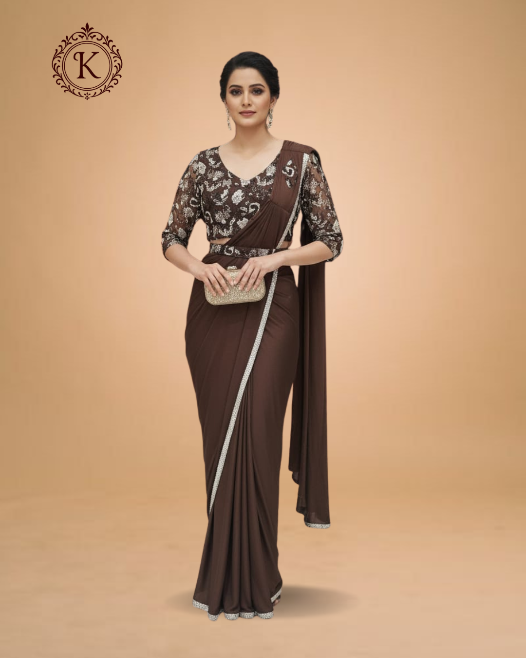 Chocolate Brown Sequin Lace Saree with Statement Blouse
