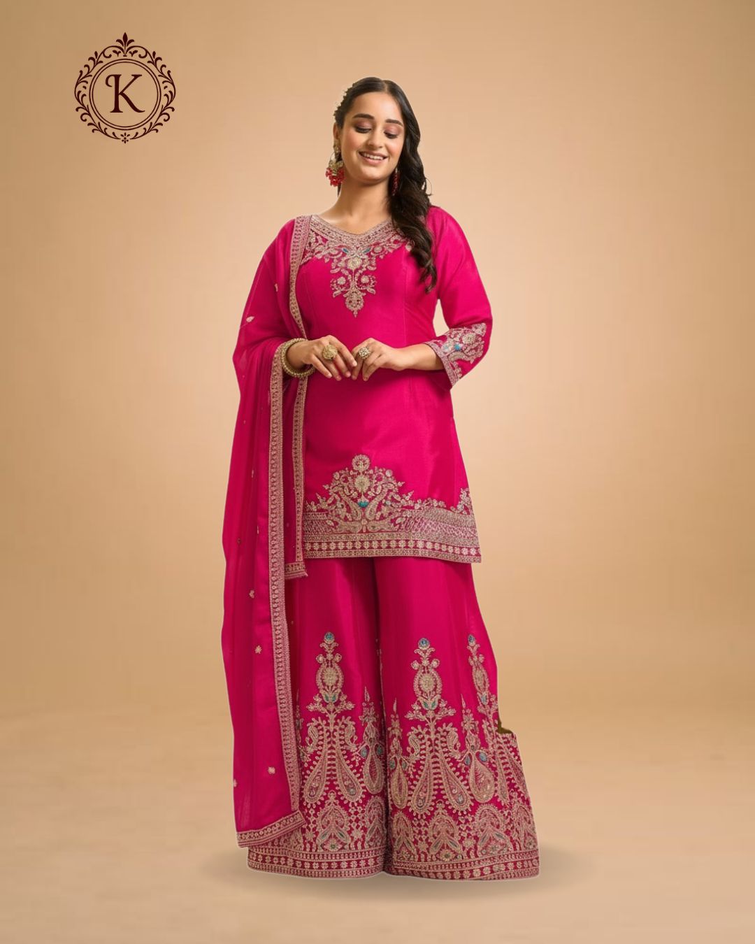 Fuchsia Pink Heavy Embroidered Palazzo Suit