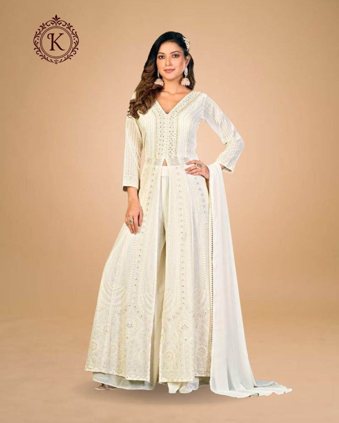 Indo Western Ivory Embroidered Fusion Set